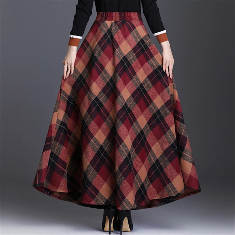 Neophil Woolen Warm S-3XL Thick Plaid Skirts Winter Women England Style Pockets Midi Pleated A-Line Wool Tartan Skirt S9216